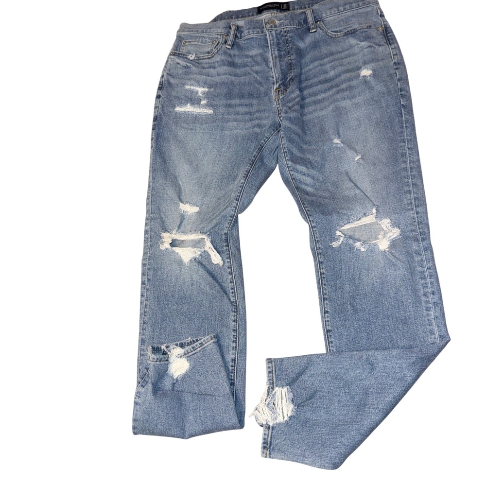 Abercrombie & Fitch Skinny Stretch Jeans 36x32 Blue‎ Distressed Frayed Hem
